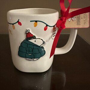 NWT 2025 Rae Dunn Peanuts Snoopy Puffer Jacket ‘Current Christmas Mood’ Mug